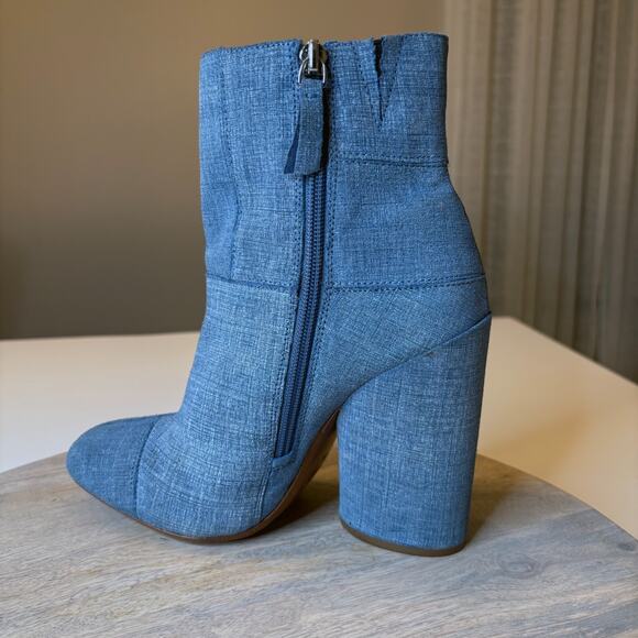 10 Crosby by Derek Lam Blue Denim Patchwork Ankle Bootie Block Heel Boots Sz 8 - Picture 8 of 12